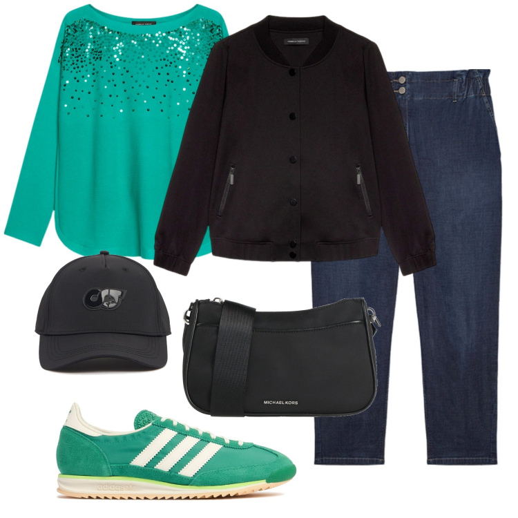 Outfit donna - Sporty con le paillettes. Stile Sporty chic per Tutti i giorni. Abbinamento con borse a tracolla, bomber, felpe, jeans, sneakers, cappelli.
