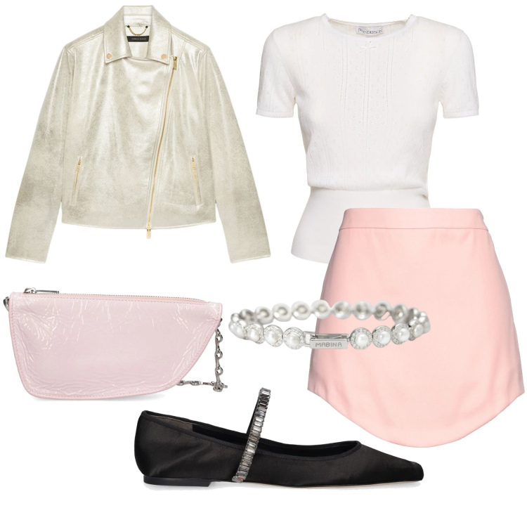 Outfit donna - Raffinata. Stile Bon Ton per Tutti i giorni. Abbinamento con minigonne, braccialetti, blazer, ballerine, t-shirt, borse a spalla.