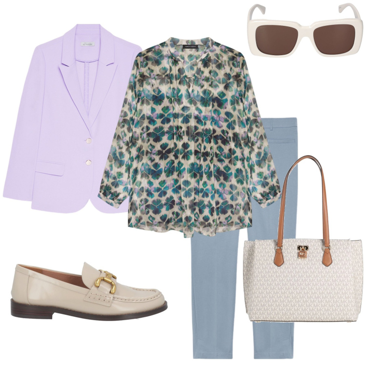 Outfit donna - Voglia di primavera. Stile Casual chic per Ufficio. Abbinamento con borse a spalla, mocassini, bluse, pantaloni chino, blazer, occhiali da sole.