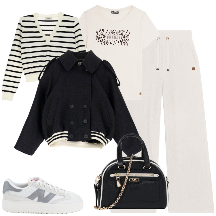 Outfit donna - Athleisure style. Stile Casual per Tutti i giorni. Abbinamento con sneakers, borse a mano, blazer, pullovers, pantaloni, t-shirt.