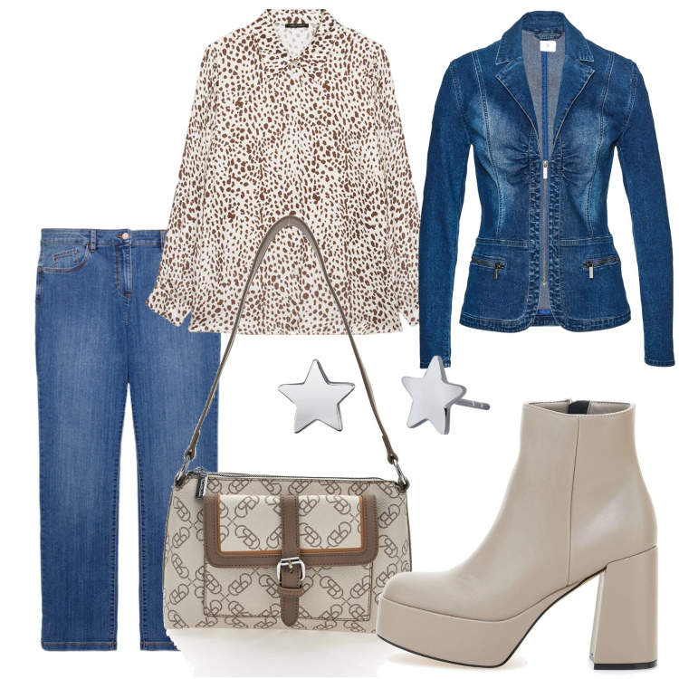 Outfit donna - Total look #2054070. Stile Trendy per Serata fuori. Abbinamento con blazer, orecchini, stivaletti, camicie, jeans dritti, borse a spalla.