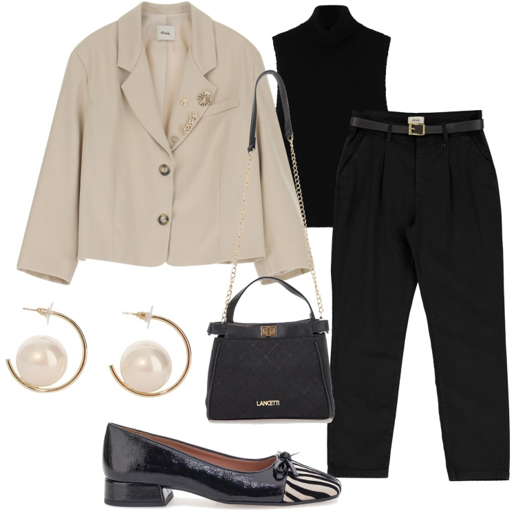 Outfit donna - Il blazer con le spille. Stile Casual chic per Ufficio. Abbinamento con maglieria, orecchini, blazer, pantaloni chino, borse a tracolla, ballerine.