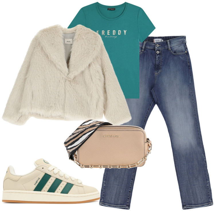 Outfit donna - City. Stile Urban per Tutti i giorni. Abbinamento con borse a tracolla, blazer, jeans dritti, t-shirt, sneakers.