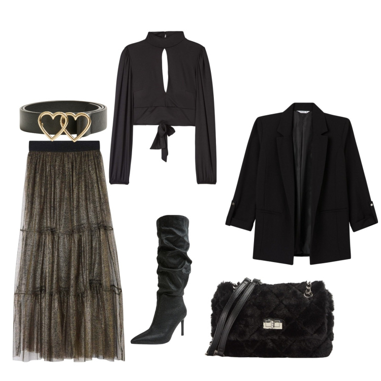 Outfit donna - San valentino con stile. Stile Romantica per Serata fuori. Abbinamento con blazer, gonne, stivali, borse a spalla, t-shirt, cinture.