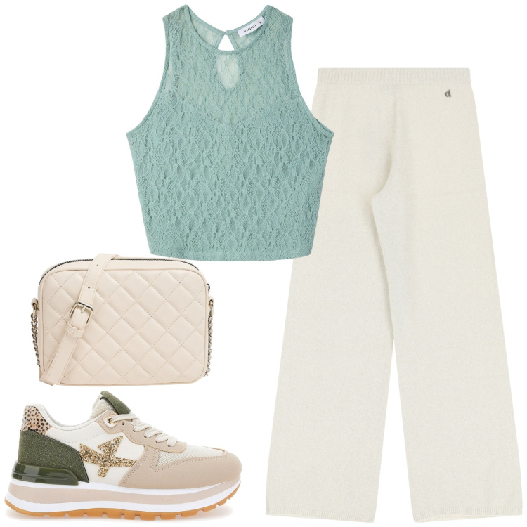 Outfit donna - City. Stile Casual per Tutti i giorni. Abbinamento con top, borse a tracolla, pantaloni a palazzo, sneakers.