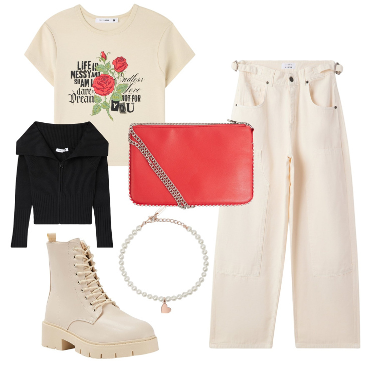 Outfit donna - Rose rosse per te. Stile Trendy per Tutti i giorni. Abbinamento con pantaloni, borse a tracolla, t-shirt, anfibi, cardigans, braccialetti.