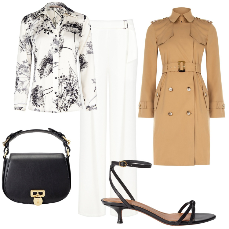 Outfit donna - Spring-summer Rinascimento. Stile Chic per Ufficio. Abbinamento con camicie, pantaloni, trench, sandali in pelle, borse a tracolla.
