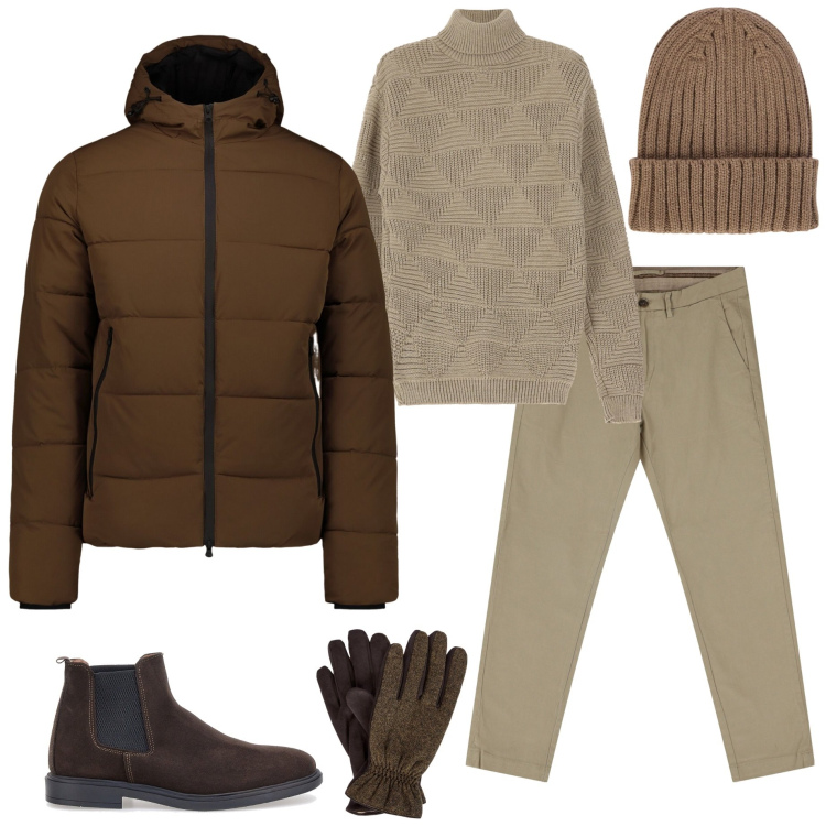 Outfit uomo - Mocha mousse. Stile Casual per Serata speciale. Abbinamento con pantaloni chino, maglieria, piumini, guanti, stivali e stivaletti, berretti.
