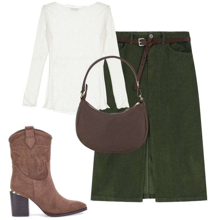 Outfit donna - City. Stile Urban per Tutti i giorni. Abbinamento con borse a spalla, gonne, maglieria, stivaletti texani.