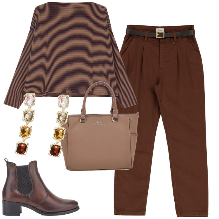 Outfit donna - City. Stile Urban per Tutti i giorni. Abbinamento con pantaloni chino, maglieria, orecchini, stivaletti chelsea, borse a tracolla.