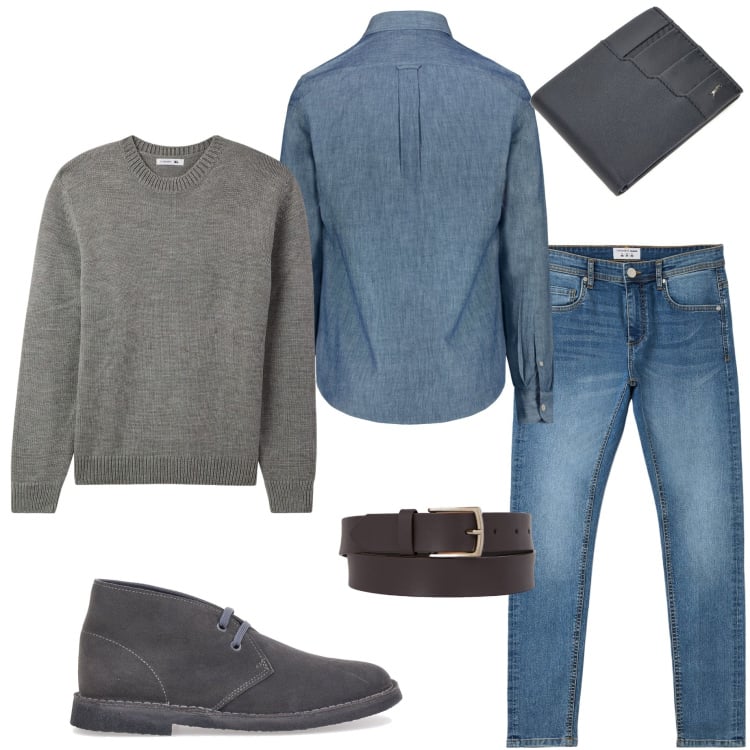 Outfit uomo - Casual in ufficio. Stile Casual per Ufficio. Abbinamento con maglieria, jeans skinny, portafogli, scarpe stringate, camicie, cinture.