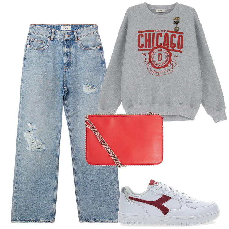 Outfit donna - City. Stile Casual per Tutti i giorni. Abbinamento con borse a tracolla, jeans strappati, felpe, sneakers.