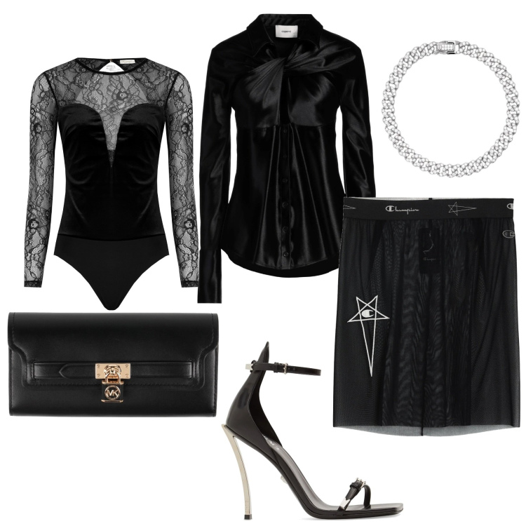 Outfit donna - Dark lady. Stile Sexy per Serata fuori. Abbinamento con camicie, minigonne, portafogli, braccialetti, body, sandali in pelle.