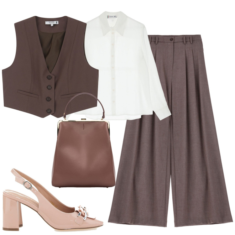 Outfit donna - Nocciola. Stile Trendy per Tutti i giorni. Abbinamento con pantaloni, camicie, gilet, décolleté, borse a spalla.