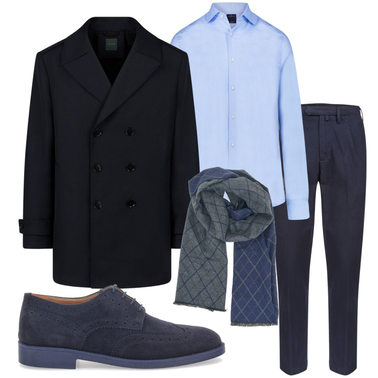 Outfit uomo - Riunione in ufficio. Stile Business/Elegante per Ufficio. Abbinamento con camicie, scarpe stringate, sciarpe, caban, pantaloni.