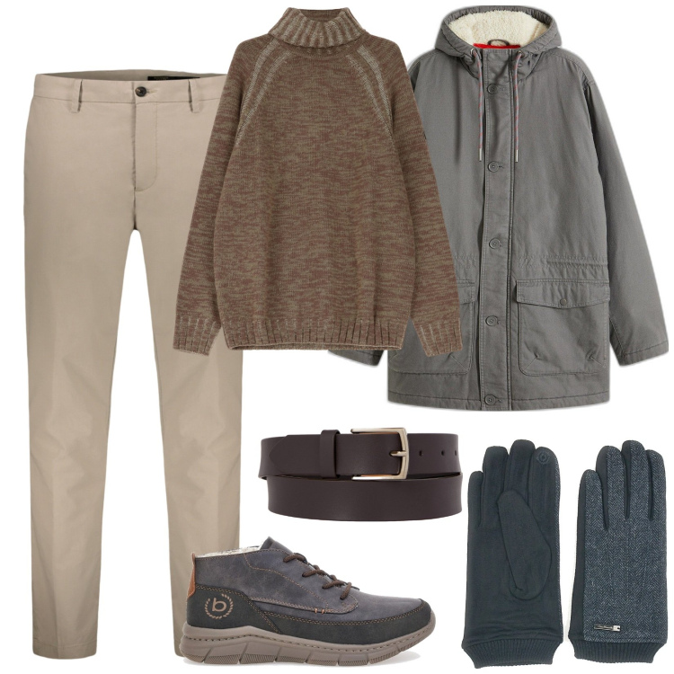 Outfit uomo - Essenziale. Stile Urban per Tutti i giorni. Abbinamento con parka, maglieria, guanti, pantaloni, scarpe stringate, cinture.