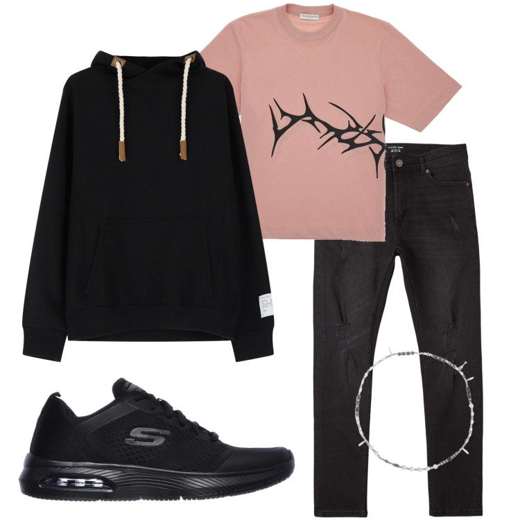 Outfit uomo - Serata con amici. Stile Casual per Serata speciale. Abbinamento con jeans strappati, felpe con cappuccio, collane, sneakers, t-shirt.