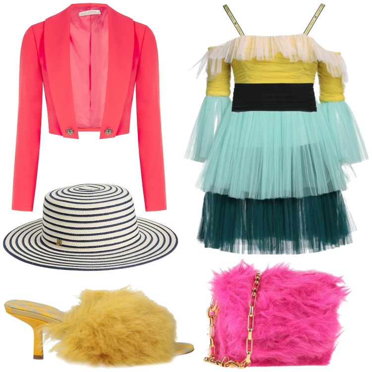 Outfit donna - Circus Color Palette. Stile Glamour per Serata fuori. Abbinamento con sandali in pelle, vestiti corti, borse a tracolla, cinture, bolero, cappelli.