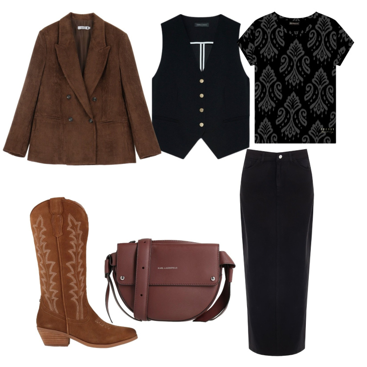 Outfit donna - Nero e marrone. per Ufficio. Abbinamento con stivali, borse a tracolla, gonne lunghe, blazer, t-shirt, gilet.