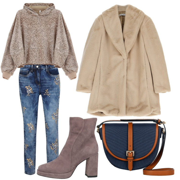 Outfit donna - Trendy cittadina. Stile Trendy per Tutti i giorni. Abbinamento con jeans, stivaletti, borse a tracolla, cappotti, felpe con cappuccio.