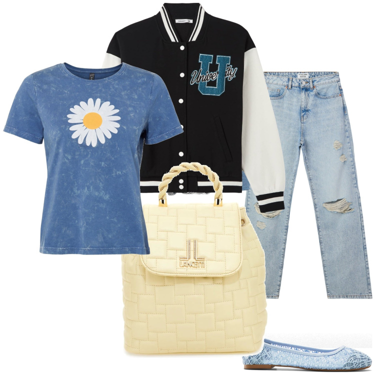 Outfit donna - Daisy. Stile Romantica per Tutti i giorni. Abbinamento con t-shirt, ballerine, jeans strappati, cinture, bomber, zaini.
