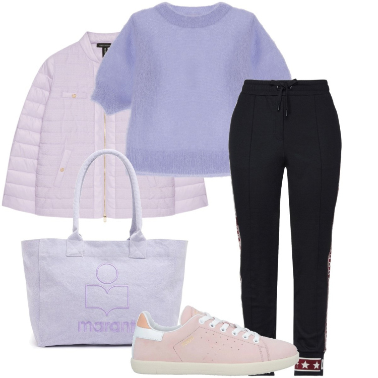 Outfit donna - Lilla sporty chic. Stile Sporty chic per Tutti i giorni. Abbinamento con sneakers, pantaloni, maglieria, piumini, shopping bag.