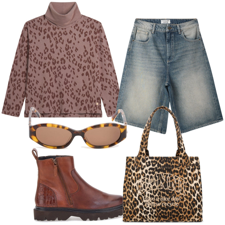 Outfit donna - W il maculato. Stile Trendy per Tutti i giorni. Abbinamento con bermuda, felpe, stivaletti, shopping bag, occhiali da sole.