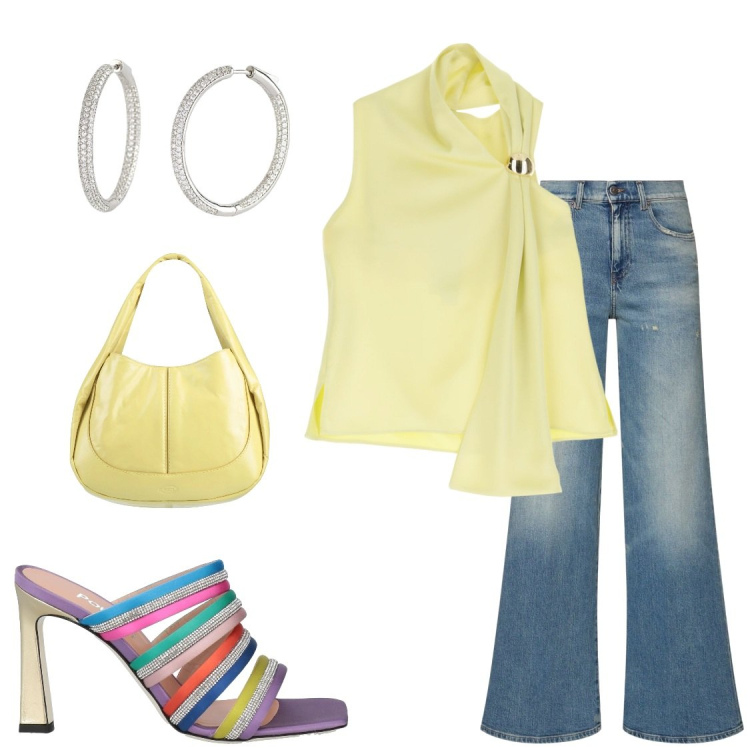 Outfit donna - Estate allegra. Stile Casual chic per Serata fuori. Abbinamento con sandali in pelle, borse a mano, orecchini, top, jeans.