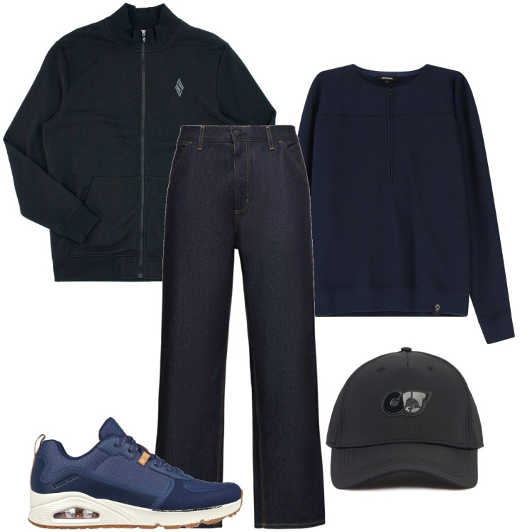 Outfit uomo - Giubbotto e sneakers Skechers. Stile Casual per Tutti i giorni. Abbinamento con felpe, sneakers, felpe, cappelli, jeans.