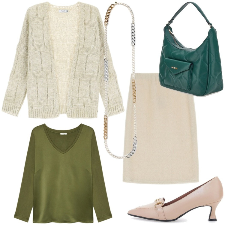 Outfit donna - In ufficio. Stile Bon Ton per Ufficio. Abbinamento con cardigans, gonne longuette, décolleté, t-shirt, collane, borse a spalla.