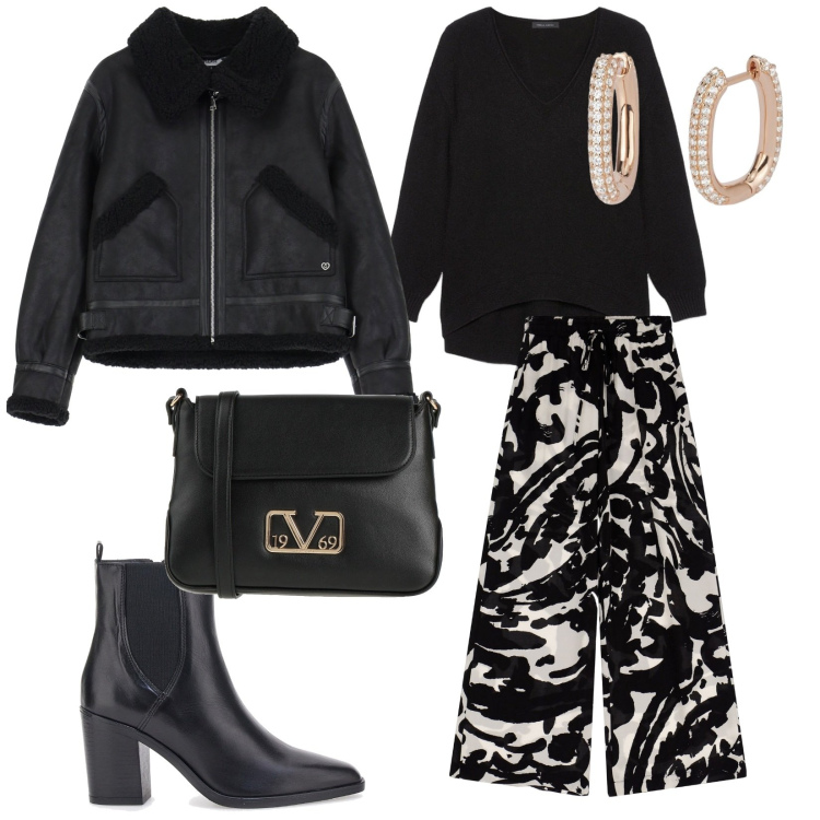 Outfit donna - Casual. per Tutti i giorni. Abbinamento con borse a tracolla, blazer, orecchini, pantaloni, stivaletti, maglieria.