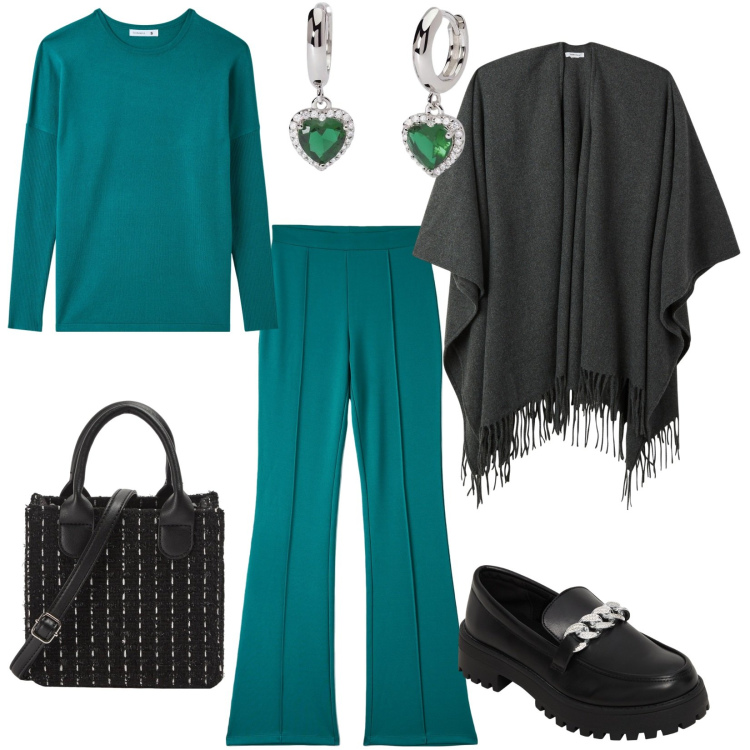 Outfit donna - San Valentino con Terranova. Stile Casual chic per Serata fuori. Abbinamento con mocassini, pantaloni, maglieria, shopping bag, cappe, orecchini.