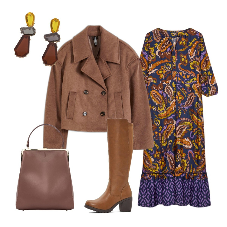 Outfit donna - Look romantico e audace. Stile Romantica per Tutti i giorni. Abbinamento con stivali, caban, orecchini, borse a spalla, vestiti lunghi.