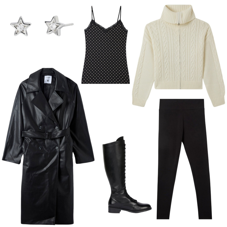Outfit donna - Every day easy. Stile Glamour per Tutti i giorni. Abbinamento con leggings, magliette intime, cardigans, trench, orecchini, stivali.