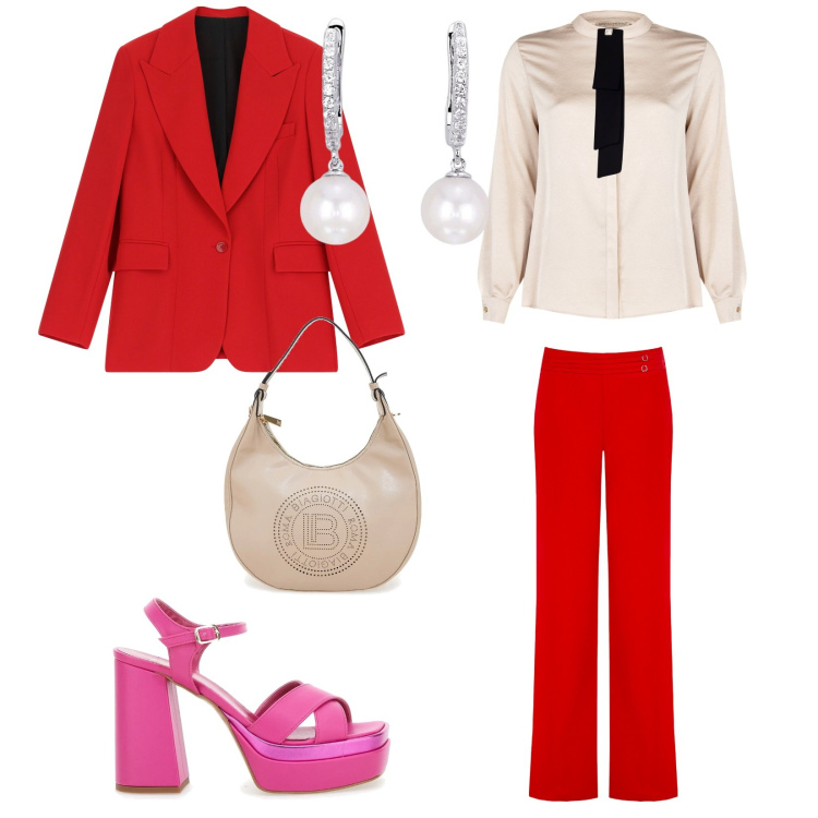 Outfit donna - A lavoro con i sandali. per Ufficio. Abbinamento con blazer, orecchini, camicie, pantaloni a palazzo, sandali col tacco, borse a spalla.