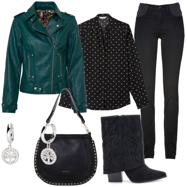 Outfit donna - Il chiodo verde. Stile Urban per Tutti i giorni. Abbinamento con jeans skinny, blazer, camicie, orecchini, borse a spalla, stivali.
