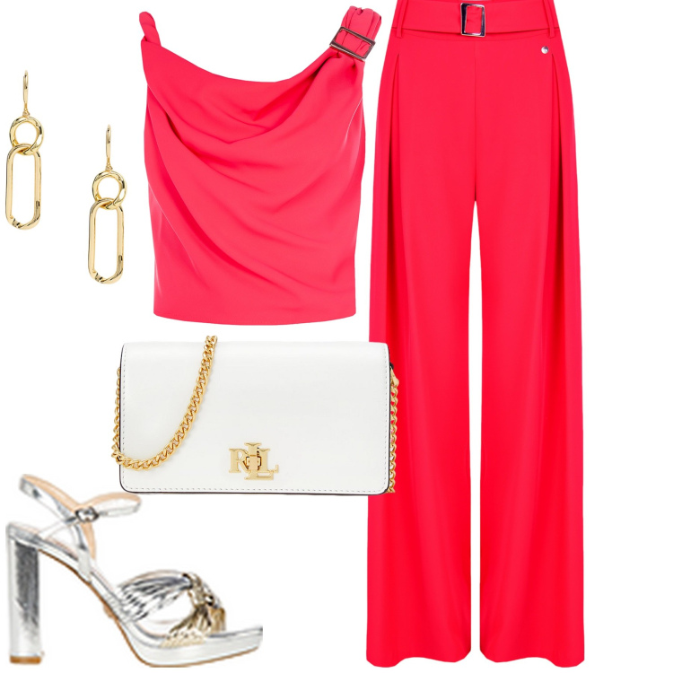 Outfit donna - Rinascimento. Stile Trendy per Cerimonia. Abbinamento con pantaloni, top, sandali in pelle, borse a mano, orecchini.