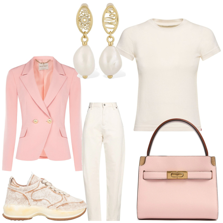 Outfit donna - Febbraio e rosa. Stile Casual chic per Serata fuori. Abbinamento con sneakers, pantaloni, blazer, orecchini, t-shirt, borse a mano.