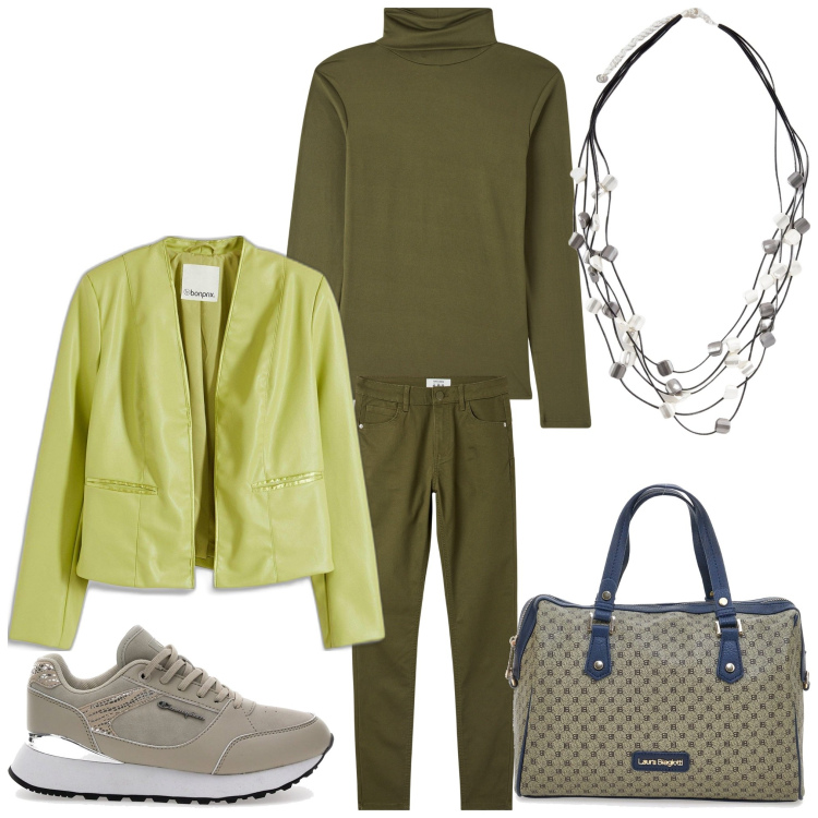 Outfit donna - Verde a febbraio. Stile Casual per Tutti i giorni. Abbinamento con blazer, pantaloni skinny, maglieria, sneakers, borse a spalla, collane.