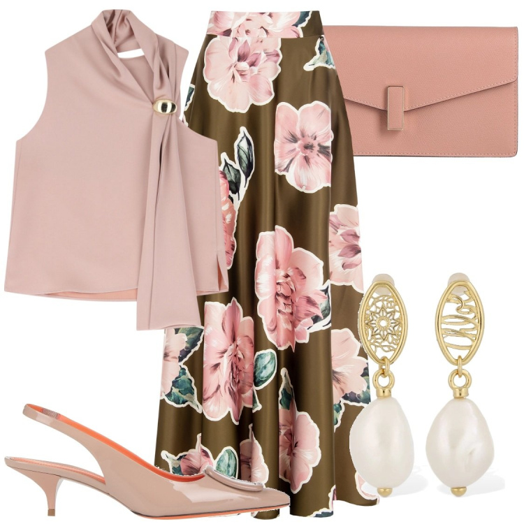 Outfit donna - Serata estiva o cerimonia. Stile Glamour per Serata fuori. Abbinamento con décolleté, borse a mano, top, gonne, orecchini.