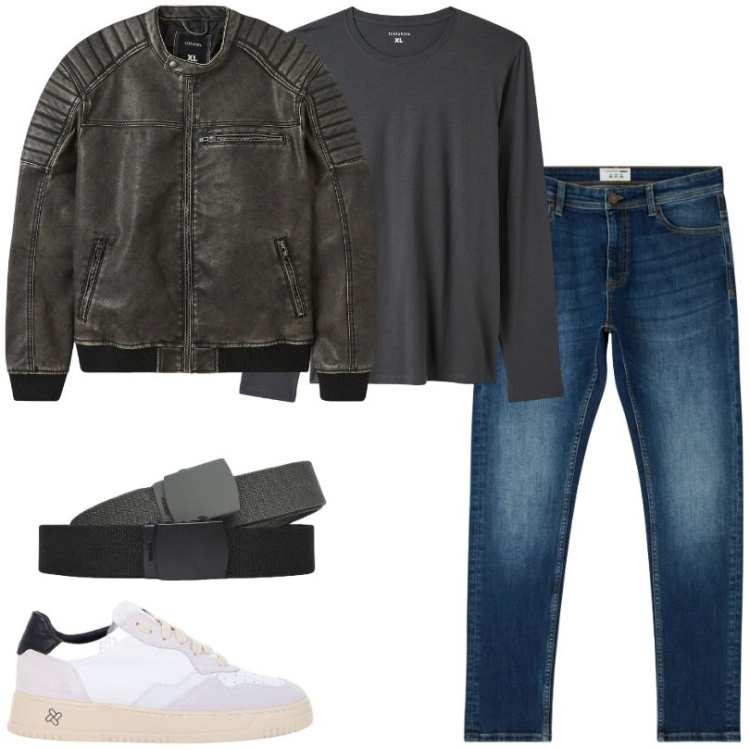 Outfit uomo - Giubbotto in effetto pelle vintage. Stile Casual per Tutti i giorni. Abbinamento con jeans skinny, giacche, maglieria, cinture, sneakers.