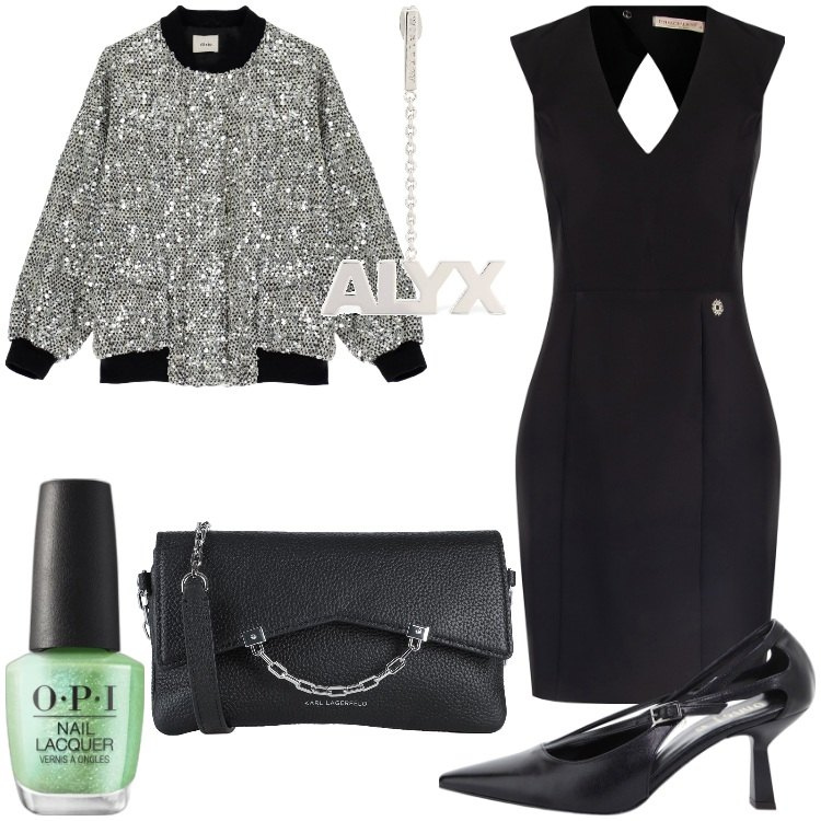 Outfit donna - Look vintage rivisitato. Stile Vintage retrò per Serata fuori. Abbinamento con borse a tracolla, smalti, vestiti a tubino, bomber, décolleté, orecchini.