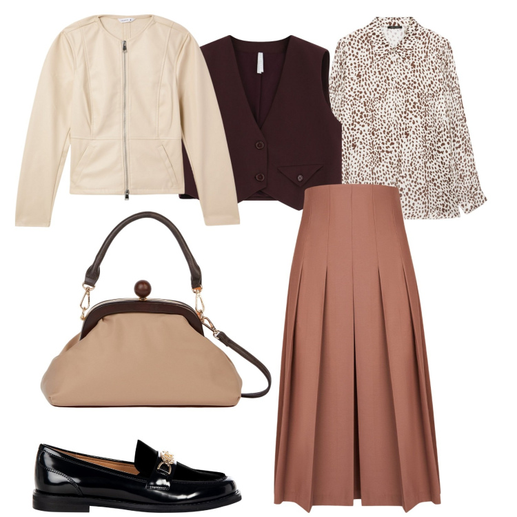 Outfit donna - Gonna e scarpe basse. per Tutti i giorni. Abbinamento con blazer, mocassini, gilet, gonne longuette, camicie, clutch.