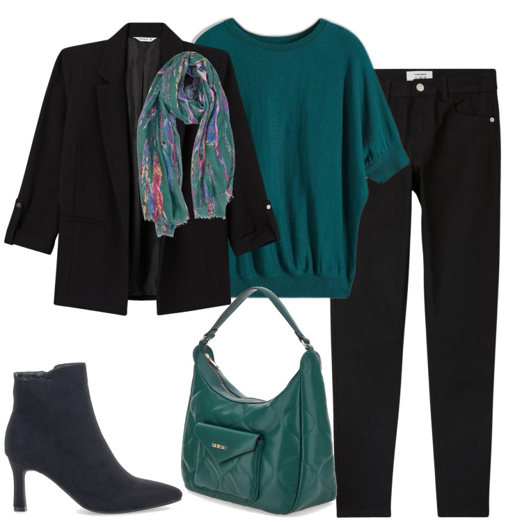 Outfit donna - City. Stile Urban per Tutti i giorni. Abbinamento con maglieria, blazer, pantaloni skinny, stivaletti, foulard, borse a spalla.