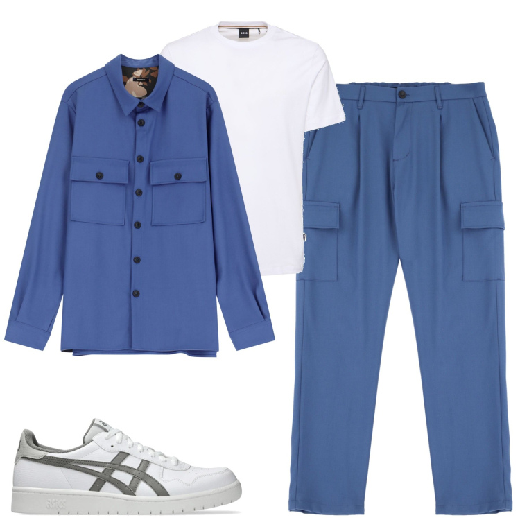 Outfit uomo - Blu bic. Stile Urban per Tutti i giorni. Abbinamento con pantaloni cargo, camicie, sneakers, t-shirt.