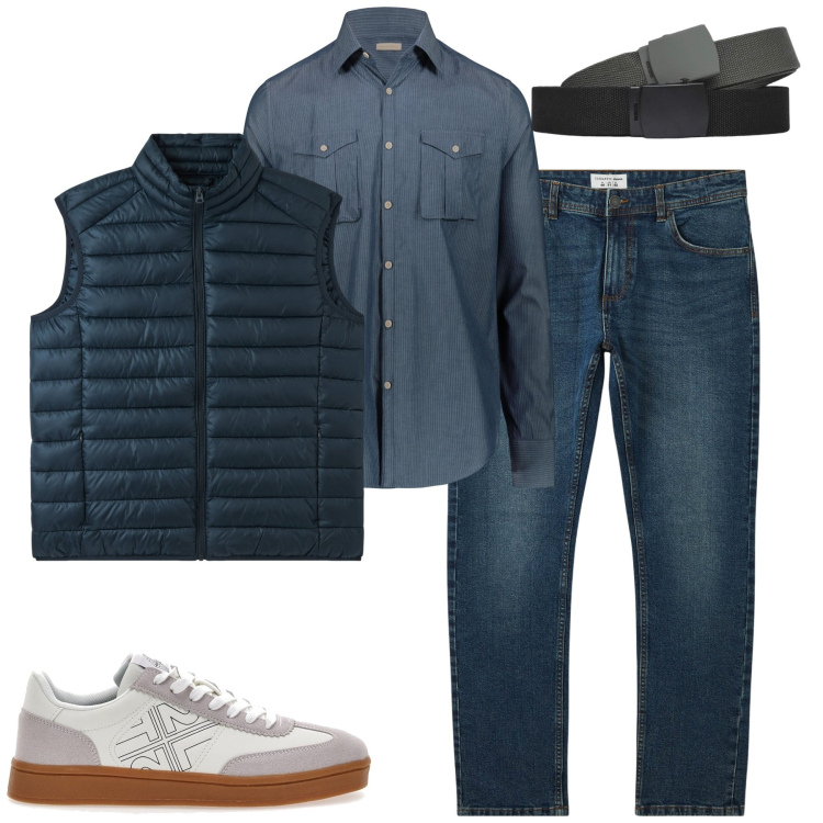 Outfit uomo - City. Stile Urban per Tutti i giorni. Abbinamento con jeans, gilet, cinture, camicie, sneakers.