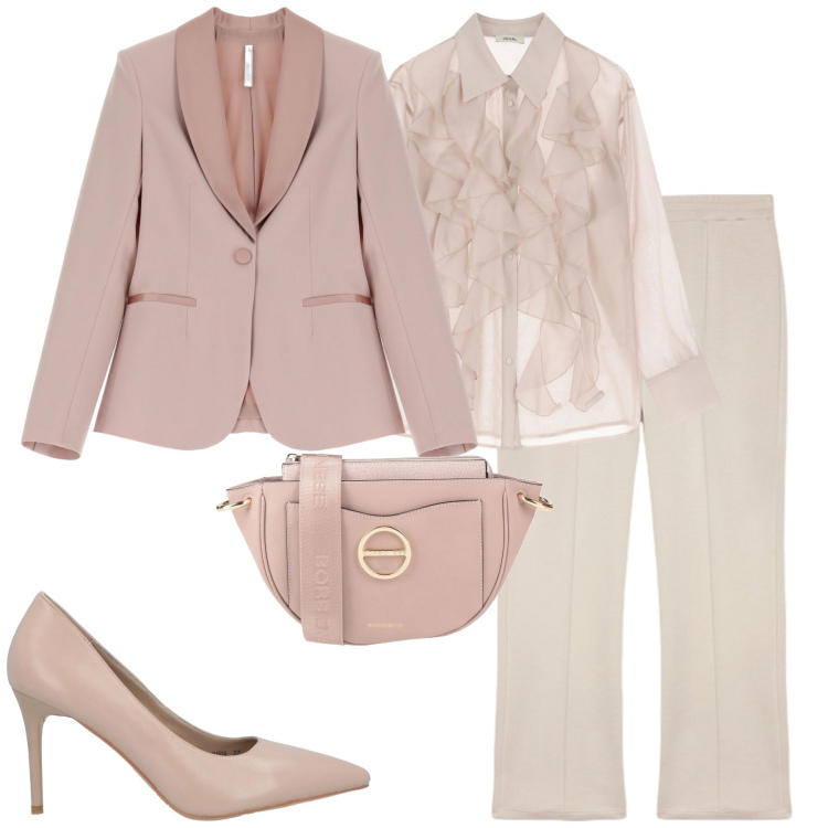 Outfit donna - Toni tenui. Stile Chic per Tutti i giorni. Abbinamento con décolleté, borse a tracolla, blazer, camicie, pantaloni.