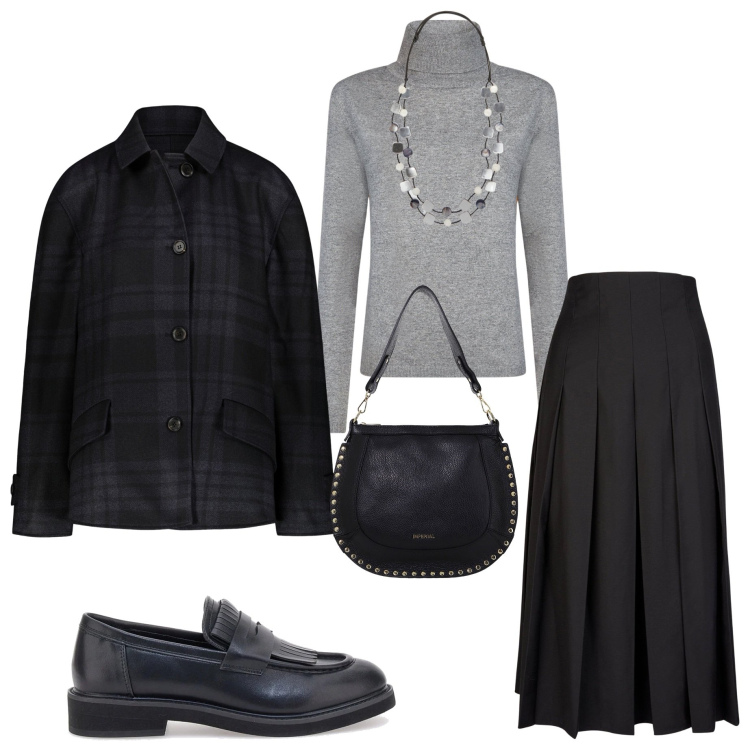 Outfit donna - Bon ton. Stile Bon Ton per Ufficio. Abbinamento con borse a spalla, mocassini, blazer, gonne longuette, maglieria, collane.