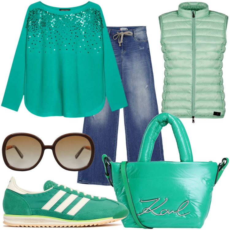 Outfit donna - Casual verde menta. Stile Casual per Tutti i giorni. Abbinamento con borse a mano, occhiali da sole, jeans a zampa, piumini, felpe, sneakers.