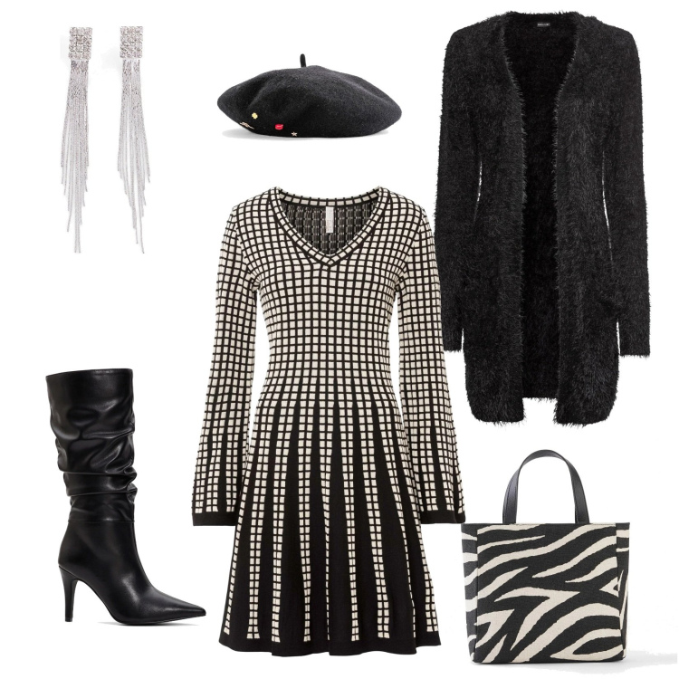 Outfit donna - Aspettando primavera: Black & White. Stile Casual chic per Tutti i giorni. Abbinamento con cardigans, borse a mano, orecchini, cappelli e berretti, vestiti, stivali.